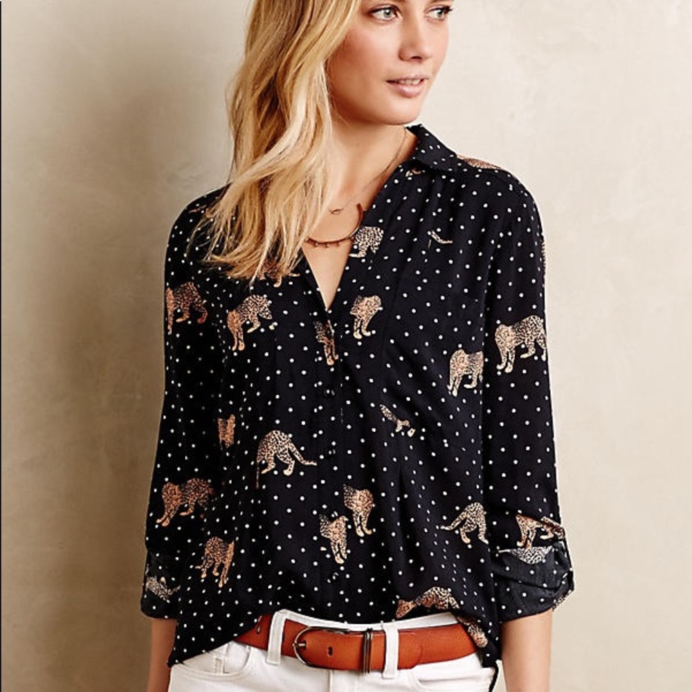 Anthropologie leopard button front rayon blouse M - Picture 1 of 8